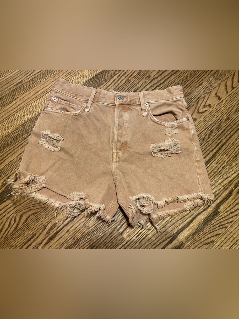 Free People Distressed Frayed Hem Jean Shorts in Tan